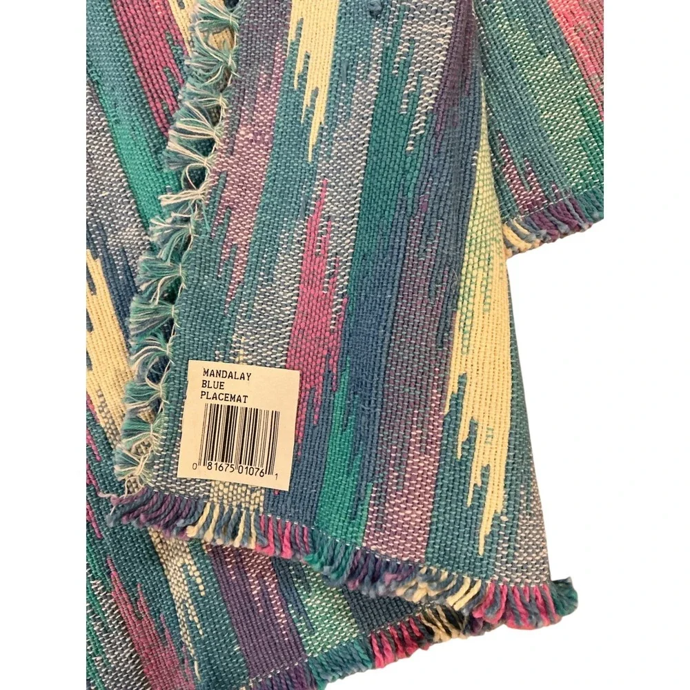 Park B Smith Mandalay Blue Ikat Hand Woven Cotton Fringed‎ Placemats Set of 6